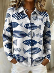 Geometric Fish Decorative Pattern Casual Shirt Collar Long Sleeve Sweater