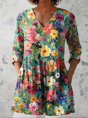 Women's Lovely Floral Art Print Casual Linen V-neck Shirt
