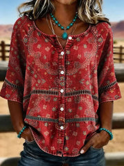 Vintage Ethnic Print Round Neck 3/4 Sleeve Blouse