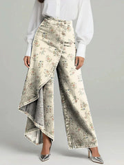 Women's Vintage Floral Patterns Print High-waisted Relaxed Fit Wide-leg Jeans