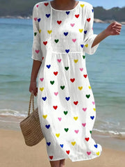 White Heart Print Round Neck 3/4 Sleeve Midi Dress