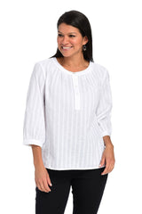White Plain Round Neck 3/4 Sleeve Loose Comfy Blouse