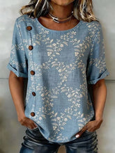 Vintage Floral Linen Blend Button Short Sleeve Top