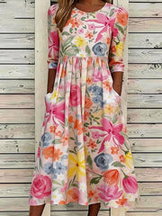 Floral Crew Neck Half Sleeve A-Line Maxi Dress