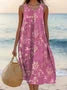 Plant Leaf Print Sleeveless Crew Neck A-Line Midi Dress