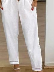 Plain Natural Waist Button Front Lace Cuff Loose H-Line Cotton Long Straight Pants