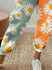 Daisy Floral Print Natural Waist Loose H-Line Straight Polyester Ankle Pants