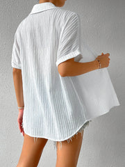 Plain Textured Shirt Collar Short Sleeve Button Front Loose H-Line Mid-Length Polyester Casual Tunic Blouse