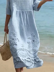 Light Blue Floral Embroidery Crew Neck Half Sleeve Loose A-Line Linen Blend Midi Dress
