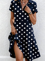 Polka Dot Shirt Collar Short Sleeve Mid Waist Loose A-Line Polyester Midi Shirt Dress