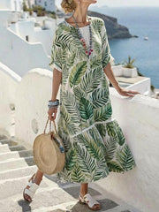 Women Green Botanical Leaf Print Round Neck Short Sleeve Casual Ankle Length Midi Dress