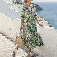 Women Green Botanical Leaf Print Round Neck Short Sleeve Casual Ankle Length Midi Dress