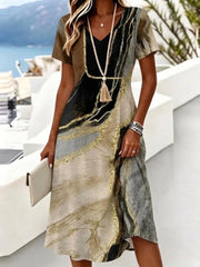 Women Vacation Casual Abstract Print V Neck Short Sleeve Polyester A-Line Midi Dress