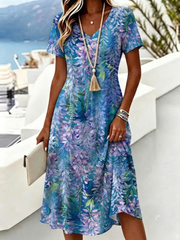 Women Vacation Casual Leaf Print V Neck Short Sleeve A-Line Midi Dress