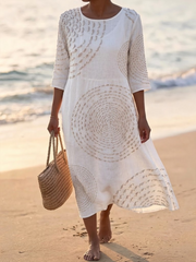 White Textured Geometric Embroidery Crew Neck 3/4 Sleeve Loose A-Line Beach Vacation Midi Dress