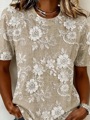 Khaki Vintage 3D Floral Print Crew Neck Short Sleeve Casual T-shirt