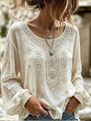 Lightweight Floral Print Crew Neck Long Sleeve Loose Women Blouse