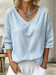 Casual Striped V Neck Three Quarter Sleeve T-shirt