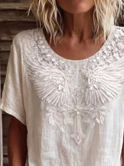 Retro Boho 3D Floral Wing Cross Crew Neck Loose Short Sleeve Casual Top