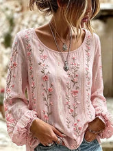 Pink Floral Print Round Neck Lightweight Long Sleeve Loose Bohemian Blouse