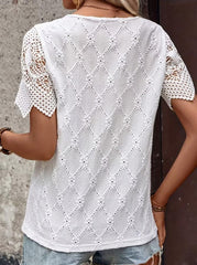 Elegant Hollow Lace Spliced V Neck Short Sleeve Women T-Shirt Summer Breathable Blouse