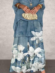 Women Retro Magnolia Floral Print Chiffon Tiered Maxi Dress Loose 3/4 Sleeve Casual Two-Piece Look Long Dress