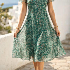 Women Sage Green Floral Chiffon Midi Dress, Flutter Sleeve Fit And Flare Summer Casual Dres