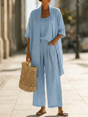 Women Minimalist Linen Cotton Three Piece Outfit Loose Plus Size Casual Daily Matching Set
