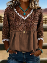 Women V Neck Vintage Floral Print Lace Edge Half Sleeve Casual Summer Blouse