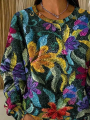 Women Vintage Dark Floral Print Crew Neck Long Sleeve Casual Sweatshirt