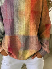Women Gradient Abstract Plaid Waffle Knit Crew Neck Casual Sweatshirt