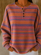 Women Multicolor Gradient Stripe Henley Waffle Knit Long Sleeve Top