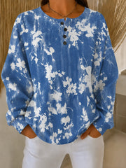 Women White-Blue Floral Print Henley Crew Neck Long Sleeve Sweatshirt