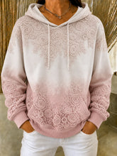 Women Pink White Gradient Lace Floral Embossed Hooded Sweatshirt
