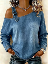Women Blue Denim Texture Off Shoulder Buckle Strap Long Sleeve Top
