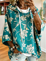 Women Green Vintage Floral Print Half Sleeve Loose Hooded Top