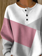 Waffle Knit Chevron Color Block Henley Placket Button Detail Long Sleeve Casual Daily Pullover Sweatshirt