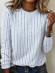 Casual Blue Striped Crew Neck Long Sleeve T-shirt