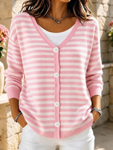 Pink White Striped V-Neck Button Long Sleeve Loose Cardigan