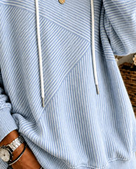 Blue Textured Striped Casual Pullover Hoodie