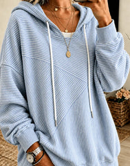 Blue Textured Striped Casual Pullover Hoodie