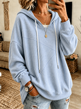 Blue Textured Striped Casual Pullover Hoodie
