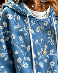 Blue Floral Print Half Sleeve Casual Loose Hooded Sweatshirt