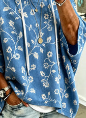 Blue Floral Print Half Sleeve Casual Loose Hooded Sweatshirt