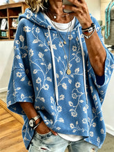 Blue Floral Print Half Sleeve Casual Loose Hooded Sweatshirt