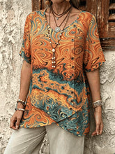 Women Abstract Vintage Blouse V Neck Short Sleeve Top