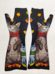 Retro Cat Printed Knit Casual Fingerless Gloves