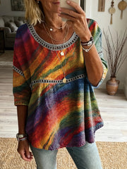 Retro Tie-dye Art Print Casual Round Neck Hollowed-out Top