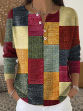 Women Abstract Henley Collar Printing Vintage Spring/Fall Long Sleeve Sweatshirt