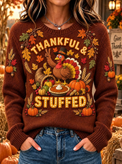 Women Thanksgiving Print Crew Neck Long Sleeve Sweatshirt